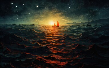 Wall Mural - Sunrise over the sea landscape art.