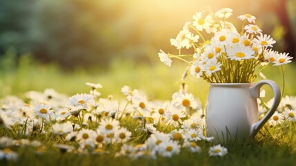 Wall Mural - White chamomile bouquet in a vase on the grass