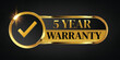 5 year warranty logo with golden banner and golden ribbon.Vector illustration.
