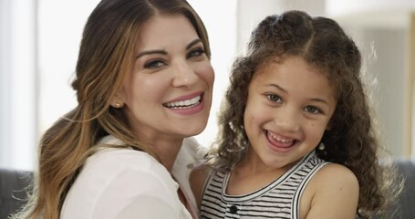 portrait, embrace and mom with child on sofa for morning love, smile and bonding in living room. hom