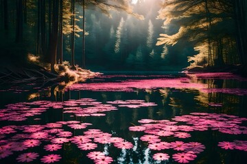 Sticker - **forest landscape with morning vibes over the lake. floating pink flower on the clam water.