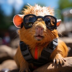 Wall Mural - Sunset Vibes Realistic Image of Cute Guinea Pig with Brown Glasses Generative AI