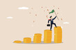 Financial success, achieving financial freedom, making a profit or savings or investment goal concept, successful businessman holding a victory flag above a pile of money coins.