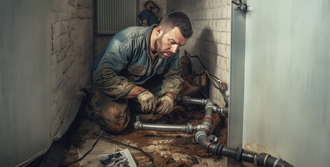 Poster - a photorealistic and raw photo of a plumber fixing