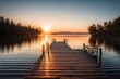 *A straight flat simplistic rectangular lake dock, beautiful sunrise, toggy, clam water. nature relax wallpaper--