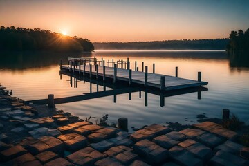 Poster - **A straight flat simplistic rectangular lake dock, beautiful sunrise, toggy, clam water. nature relax wallpaper--