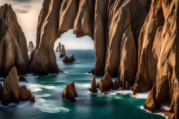 Wall Mural - closeup  view of the  arch and surrounding rock formations at lands end in cabo san lucas, baja california sur, mexico-