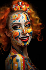 Portrait of funny girl with face painting on blurred background