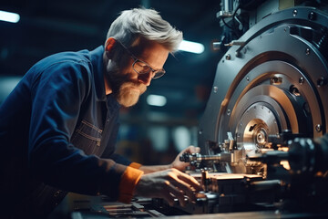 Poster - Operating the heavy machinery with caution, A milling machine operator works in a factory, Universal lathe operator.