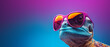a lizard with sunglasses in blue space, in the style of vibrant color-blocking, 32k uhd, post-internet aesthetics, pink and amber, heatwave, 20 megapixels, vibrant colours