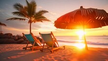 Beautiful Tropical Sunset Couple Sun Beds Chairs