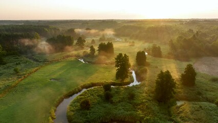 Poster - Beautiful morning over the forest and river - drone aerial view