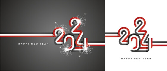 Wall Mural - New Year 2024 continuous ribbon in the shape of 2024. Abstract red white black flag of Egypt shape 2024 logo with sparkle firework isolated on white and black background