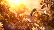 swarm of honey bees flying in the yellow flower garden