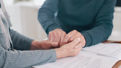 Wall Mural - Holding hands, stress and finance with a senior couple closeup in their home for accounting or budget. Insurance, tax or debt with an elderly man and woman reading information for pension or will