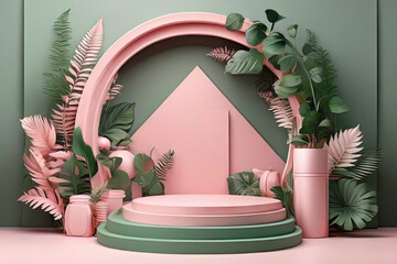  Set of pink and white 3D background with products podium arch shape and green lea