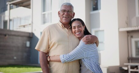 Sticker - Smile, hugging and woman with senior father in the garden of new family home, property or real estate. Happy, love and portrait of young female person with elderly dad embracing with care at house.