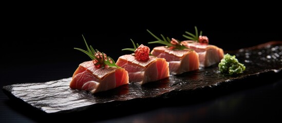 Poster - Traditional Japanese Omakase: Edo-style Otoro Sushi on a sleek black plate, a luxurious culinary experience.