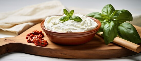 Wall Mural - Sun dried tomato paste, ricotta, olive oil, basil on a white wooden board.