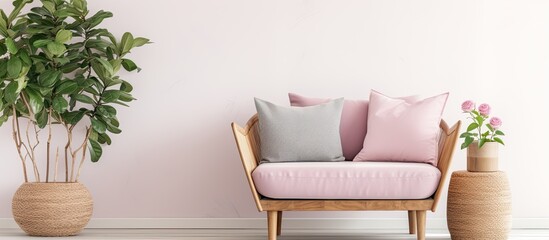 Real photo of a cozy, feminine bedroom with a pink bed, cushions, and plant on a wooden stool against a white wall.