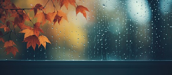 Poster - rain falling on a window with blurry trees in the background, representing autumn.