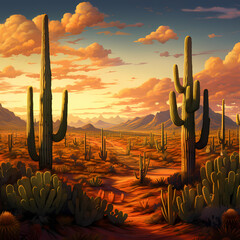 Sticker - A surreal desert with giant cacti and a setting sun.