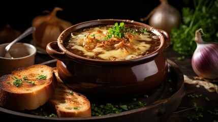 Wall Mural - Homemade French onion soup with toasted baguette, melted cheese on the wooden table background. Serving fancy vegetarian food in a restaurant.