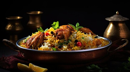 Wall Mural - Chicken biryani in a shiny silver bowl, Spicy curry and aromatic flavors, authentic Indian food, serving fancy food in a restaurant.