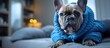 Pet ownership: French bulldog in blue coat at home, with care and clothing for animals.