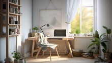A Minimalist Workspace In Scandinavian Chic Resting Place, Featuring A Sleek Desk, Ergonomic Chair, And Subtle Decor, Creating A Functional Yet Stylish Corner For Focused Activities.