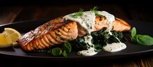Grilled salmon with spinach, cream, and lemon.