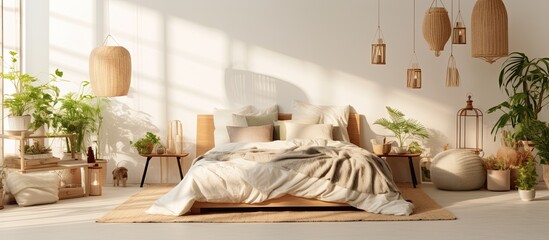 Poster - Natural-toned Scandinavian bedroom with cozy ambiance, featuring houseplants and lanterns.