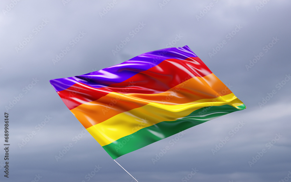 Rainbow flag waving in the wind against clear blue sky , LGBTQ+ pride ...