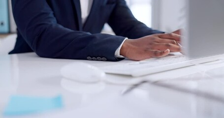 Poster - Business man, hands and typing on computer to review legal research, information and administration in law firm. Closeup, corporate attorney and lawyer at desktop keyboard for editing online report