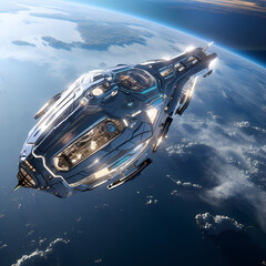 Wall Mural - A futuristic spaceship in orbit around a distant planet.