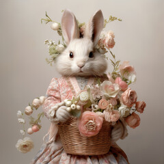 Wall Mural - Cute rabbit holding a basket of flowers in his paws