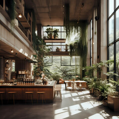 Poster - a modern coffee shop with large windows and plants