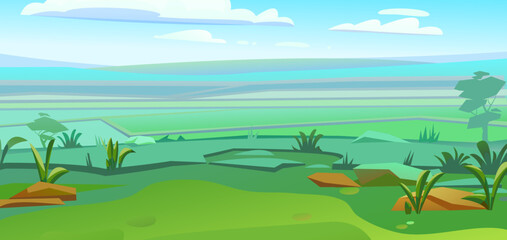 Wall Mural - foggy summer distance. scenery landscape. fun cartoon style. vector