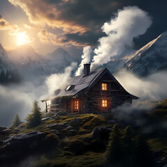 Poster - A mountain cabin with smoke rising from the chimney