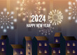 Happy New Year 2024 with Fireworks and Cityscape Vector
