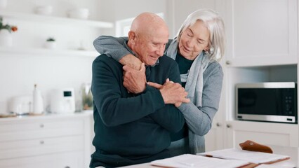 Sticker - Senior couple, hug and kitchen with paperwork in a home with retirement and marriage with love. Support, care and bonding with a elderly man with notes and wife together with discussion in a house