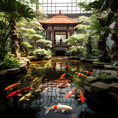 Sticker - A serene temple garden with koi swimming in a pond