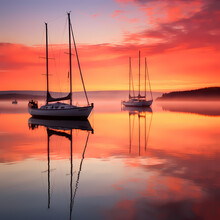 A Row Of Sailboats On A Still Lake At Sunrise.