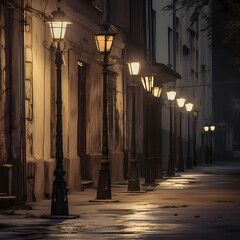 Poster - A row of vintage street lamps in a quiet alley.