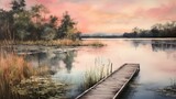 Fototapeta Przestrzenne - a calm lake at dusk, the sky transitioning from blue to orange and pink, a sturdy wooden dock jutting into the water, surrounded by lush greenery, a sense of peaceful solitude and reflection, Painting
