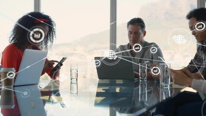 Poster - Animation of network of connections with icons over diverse colleagues having meeting in office