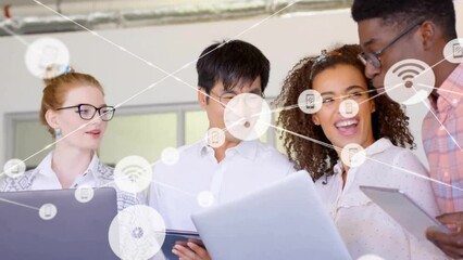 Poster - Animation of network of connections with icons over diverse colleagues discussing work in office