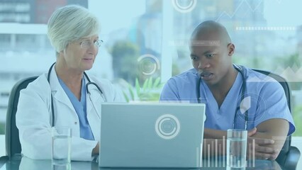 Poster - Animation of data processing over diverse doctors with laptop