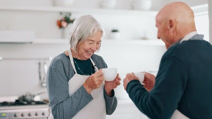 Canvas Print - Senior couple, laughing and coffee in a kitchen in the morning with conversation and love in a home. Retirement, marriage and discussion with hot drink or tea together with a smile and happy chat