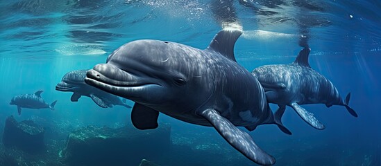 Wall Mural - Short-finned pilot whales, Globicephala macrorhynchus, found in the Canary Islands, Spain.
